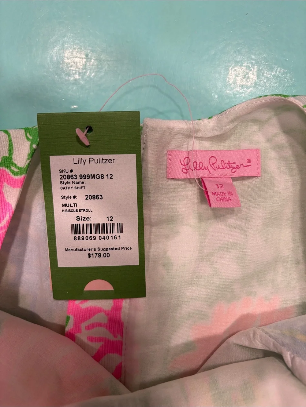 Lilly Pulitzer Cathy Shift Hibiscus Stroll Green and Neon Pink Floral Dress - Picture 2 of 3